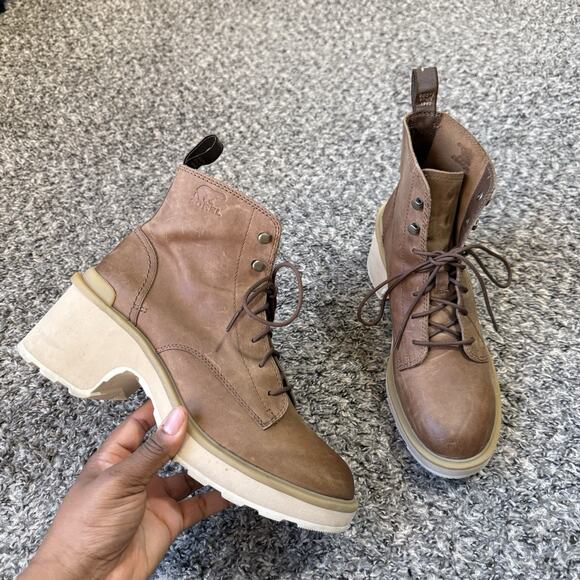 SOREL HI-LINE WATERPROOF LACE-UP BOOT SIZE 9.5 Chunky Block Heel Brown Leather - Picture 8 of 8